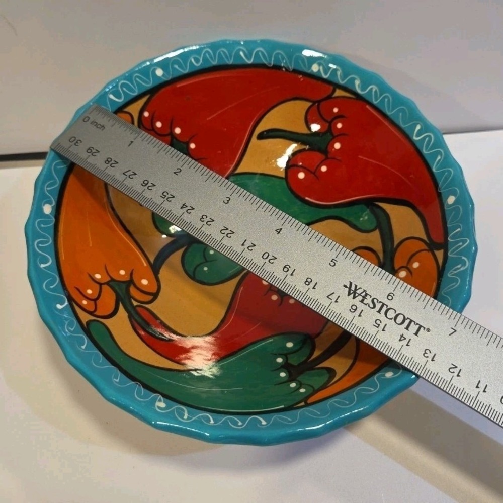 Hand Painted Mexican Terra Cotta Footed Salsa Bowl Vivid‎ Chili Peppers  7"